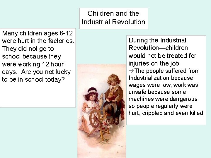 Children and the Industrial Revolution Many children ages 6 -12 were hurt in the