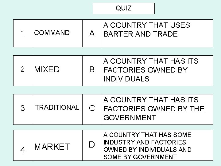 QUIZ 1 2 3 4 COMMAND MIXED TRADITIONAL MARKET A A COUNTRY THAT USES