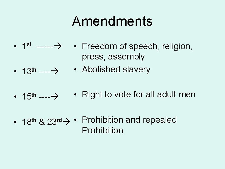 Amendments • 1 st ------ • 13 th ---- • Freedom of speech, religion,