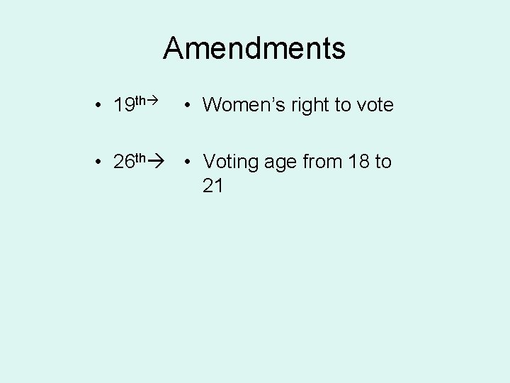 Amendments • 19 th • Women’s right to vote • 26 th • Voting