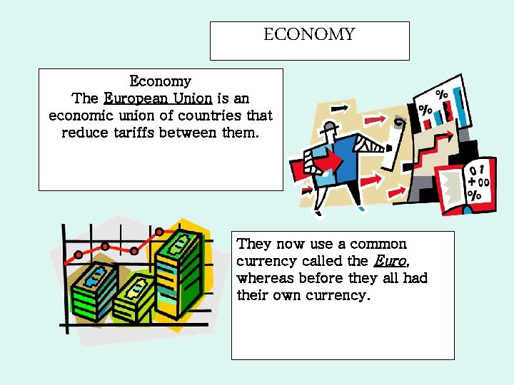 ECONOMY Economy The European Union is an economic union of countries that reduce tariffs