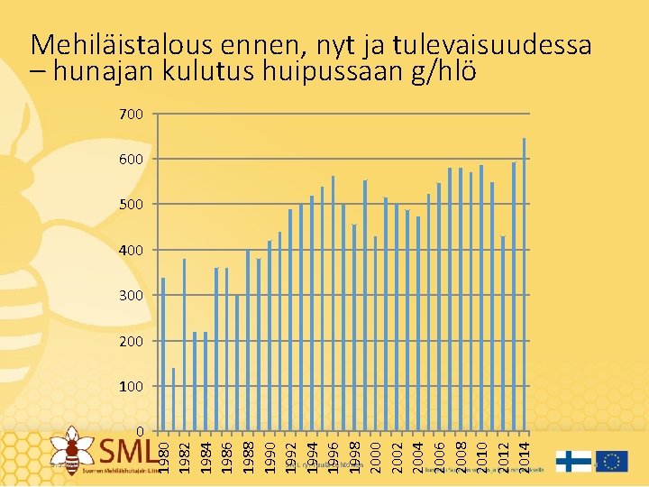 Mehiläistalous ennen, nyt ja tulevaisuudessa – hunajan kulutus huipussaan g/hlö 700 600 500 400