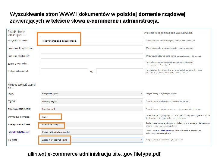 Wyszukiwanie stron WWW i dokumentów w polskiej domenie rządowej zawierających w tekście słowa e-commerce