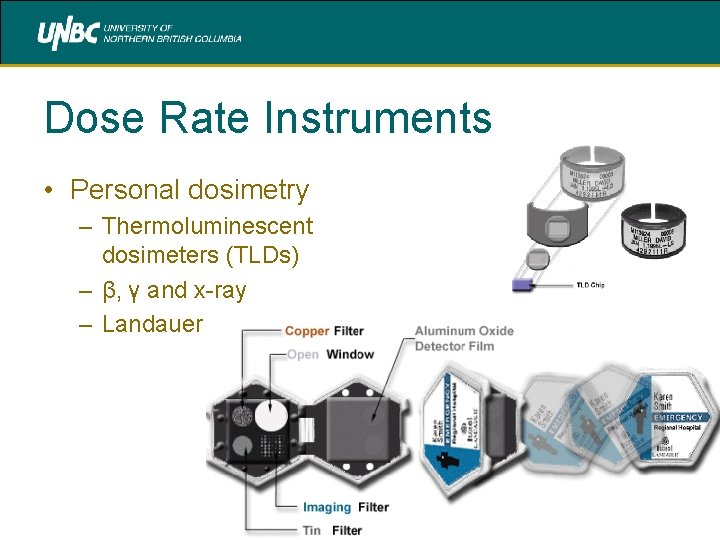 Dose Rate Instruments • Personal dosimetry – Thermoluminescent dosimeters (TLDs) – β, γ and