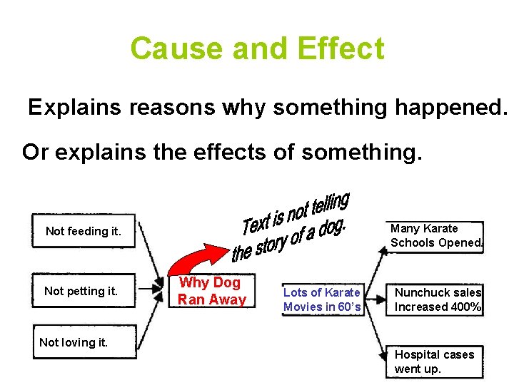 Cause and Effect Explains reasons why something happened. Or explains the effects of something.