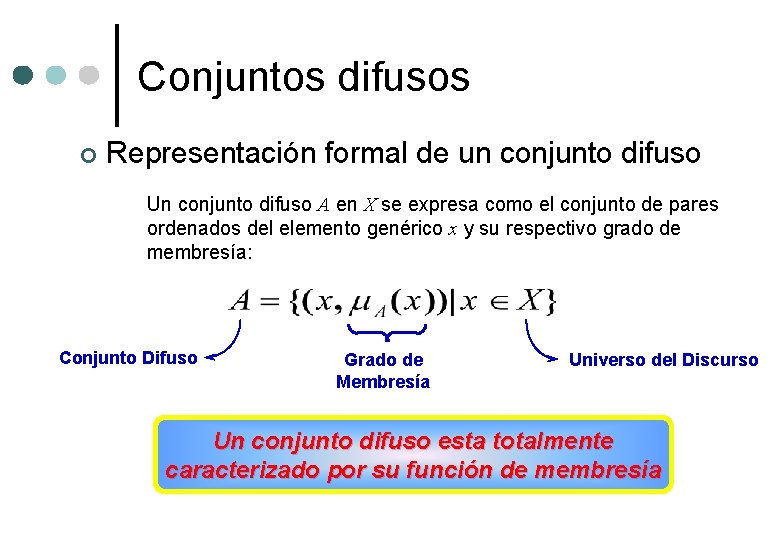 Conjuntos difusos ¢ Representación formal de un conjunto difuso Un conjunto difuso A en