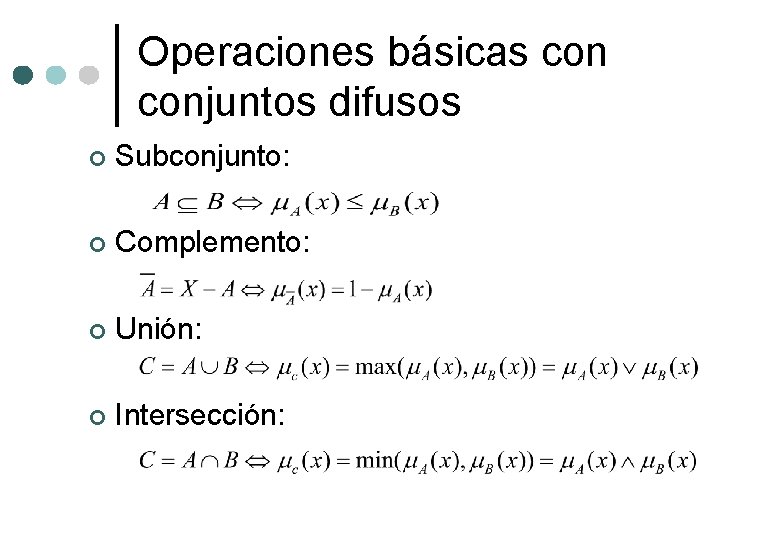 Operaciones básicas conjuntos difusos ¢ Subconjunto: ¢ Complemento: ¢ Unión: ¢ Intersección: 