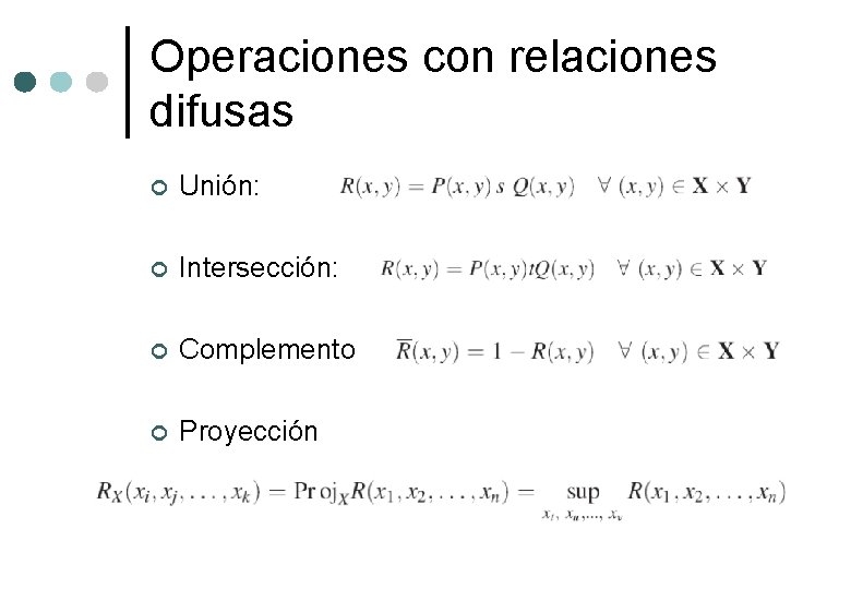 Operaciones con relaciones difusas ¢ Unión: ¢ Intersección: ¢ Complemento ¢ Proyección 