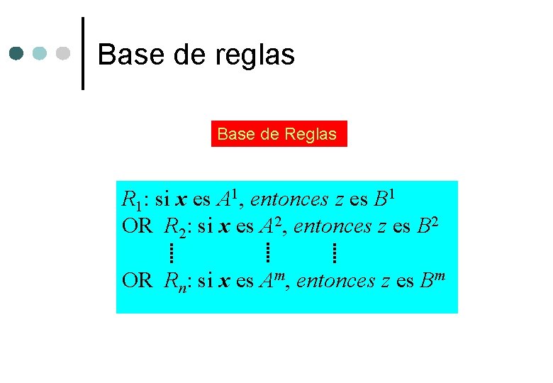 Base de reglas Base de Reglas R 1: si x es A 1, entonces