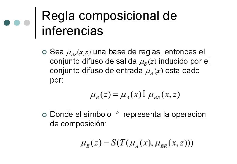 Regla composicional de inferencias ¢ ¢ Sea BR(x, z) una base de reglas, entonces