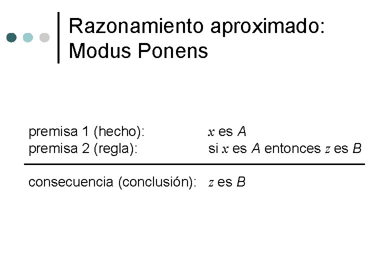 Razonamiento aproximado: Modus Ponens premisa 1 (hecho): premisa 2 (regla): x es A si