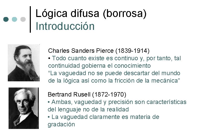 Lógica difusa (borrosa) Introducción Charles Sanders Pierce (1839 -1914) • Todo cuanto existe es