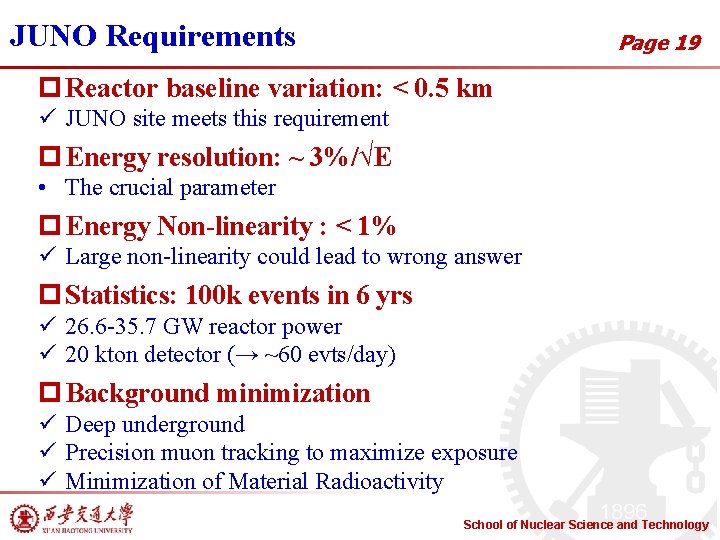 JUNO Requirements Page 19 p Reactor baseline variation: < 0. 5 km ü JUNO