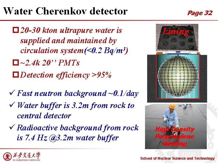 Water Cherenkov detector p 20 -30 kton ultrapure water is supplied and maintained by