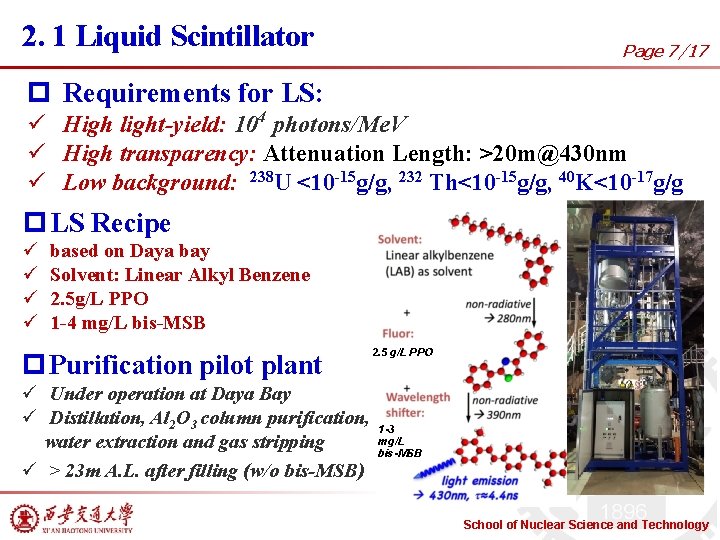 2. 1 Liquid Scintillator Page 7/17 p Requirements for LS: ü High light-yield: 104