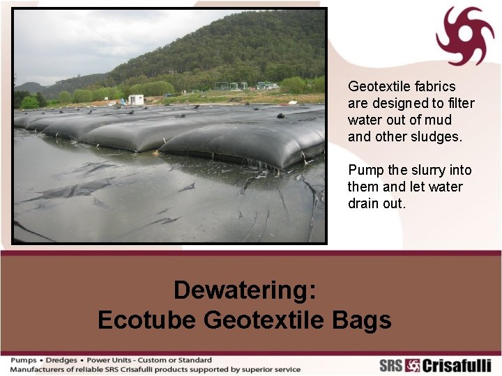 Geotextile fabrics are designed to filter water out of mud and other sludges. Pump