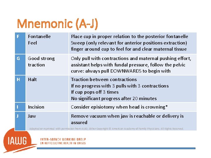 Mnemonic (A-J) F Fontanelle Feel Place cup in proper relation to the posterior fontanelle