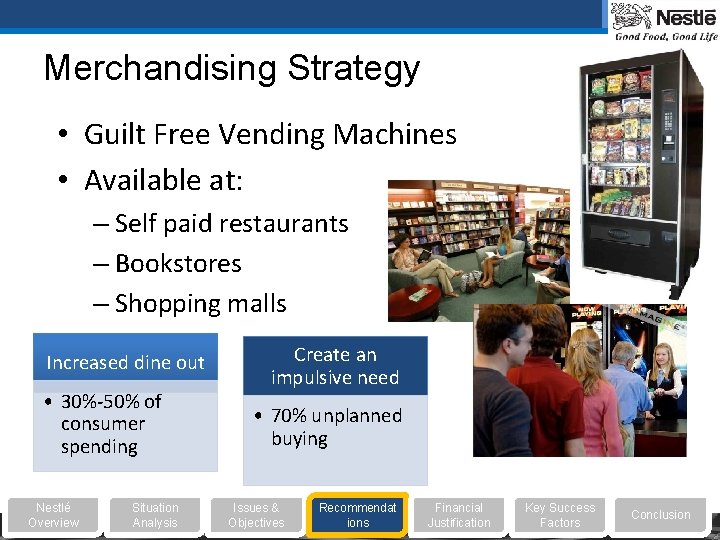 Merchandising Strategy • Guilt Free Vending Machines • Available at: – Self paid restaurants