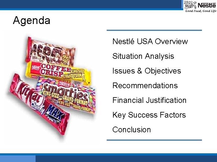 Agenda Nestlé USA Overview Situation Analysis Issues & Objectives Recommendations Financial Justification Key Success