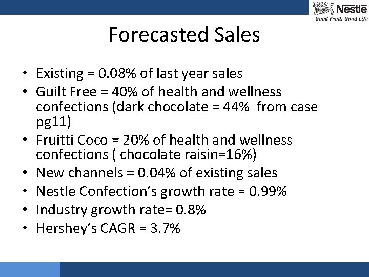 Forecasted Sales • Existing = 0. 08% of last year sales • Guilt Free