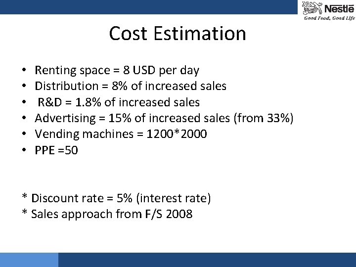 Cost Estimation • • • Renting space = 8 USD per day Distribution =