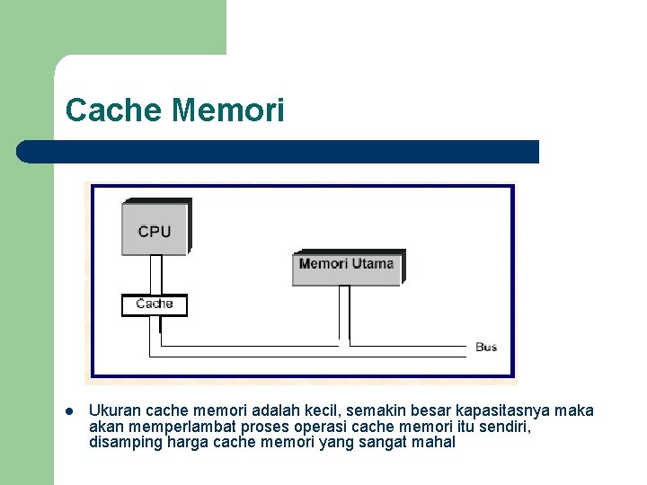 Cache Memori l Ukuran cache memori adalah kecil, semakin besar kapasitasnya maka akan memperlambat