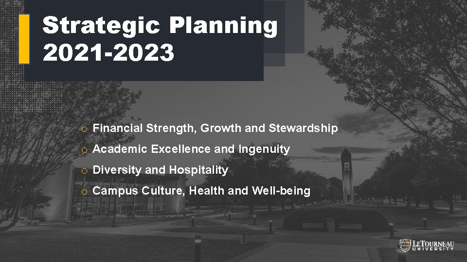 Strategic Planning 2021 -2023 o Financial Strength, Growth and Stewardship o Academic Excellence and