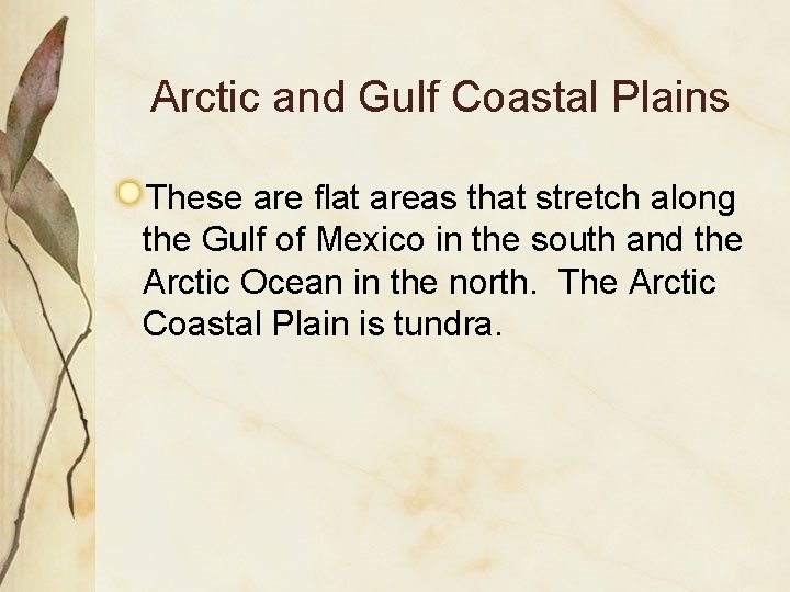 Arctic and Gulf Coastal Plains These are flat areas that stretch along the Gulf