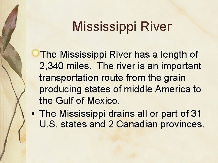 Mississippi River The Mississippi River has a length of 2, 340 miles. The river