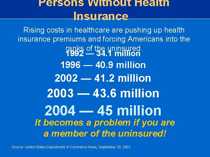 Persons Without Health Insurance Rising costs in healthcare pushing up health insurance premiums and Persons Without Health Insurance Rising costs in healthcare pushing up health insurance premiums and