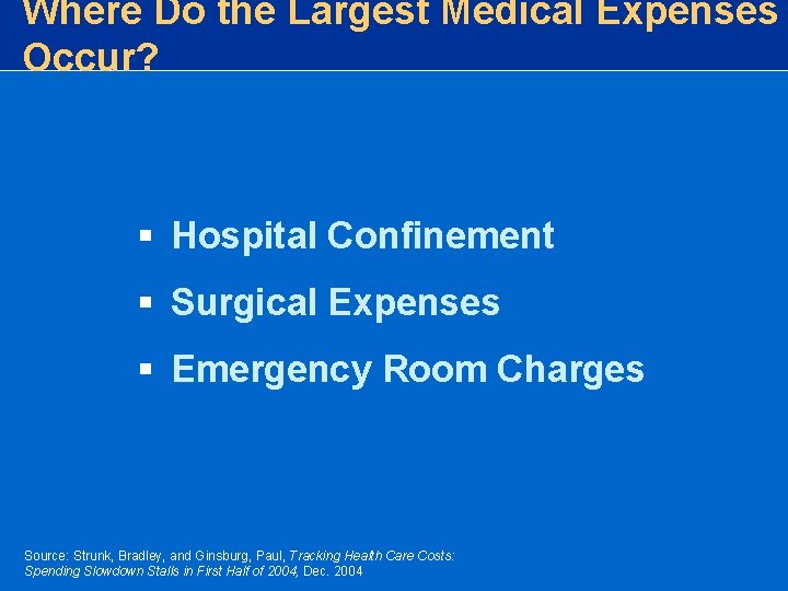 Where Do the Largest Medical Expenses Occur? § Hospital Confinement § Surgical Expenses § Where Do the Largest Medical Expenses Occur? § Hospital Confinement § Surgical Expenses §