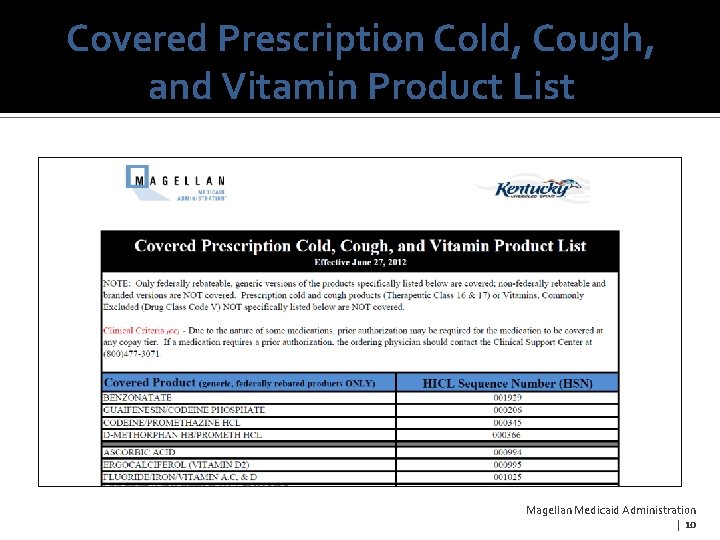 Covered Prescription Cold, Cough, and Vitamin Product List Magellan Medicaid Administration | 10 