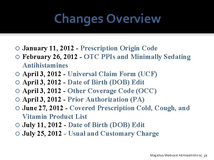 Changes Overview January 11, 2012 - Prescription Origin Code February 26, 2012 - OTC