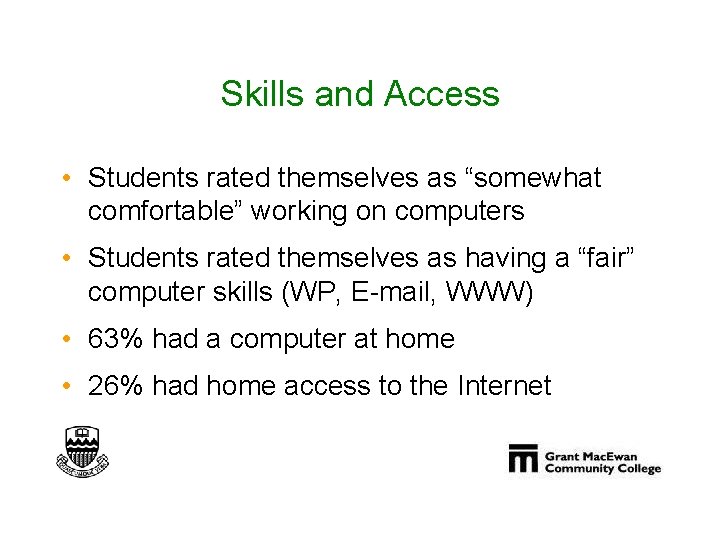 Skills and Access • Students rated themselves as “somewhat comfortable” working on computers •