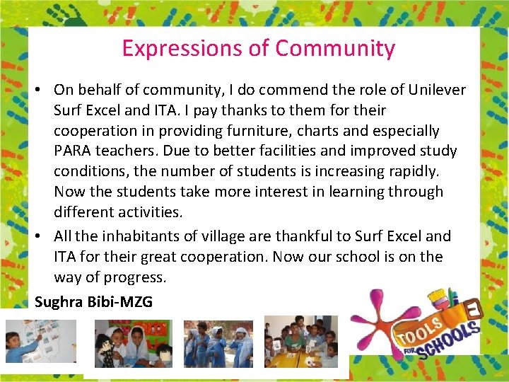 Expressions of Community • On behalf of community, I do commend the role of