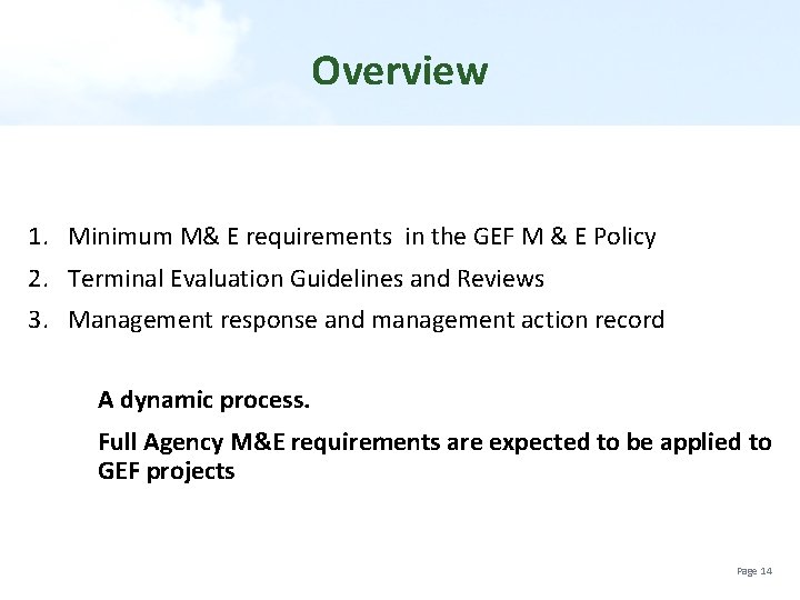 Overview 1. Minimum M& E requirements in the GEF M & E Policy 2.