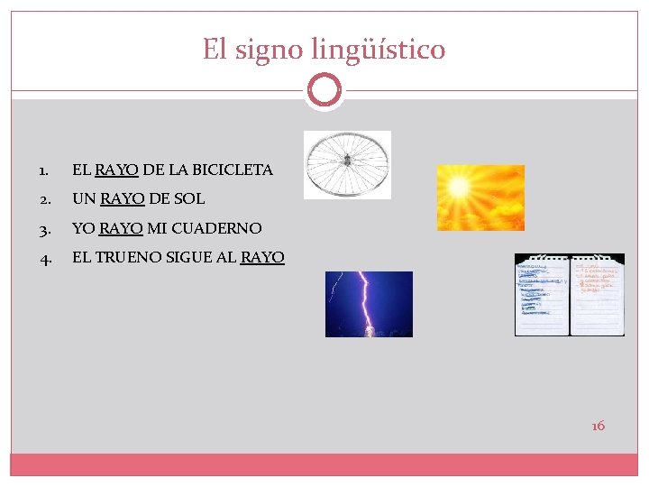 El signo lingüístico 1. EL RAYO DE LA BICICLETA 2. UN RAYO DE SOL