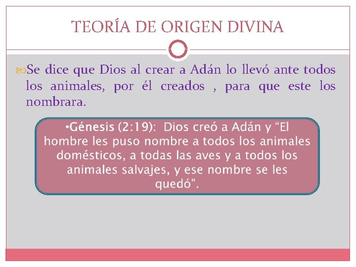 TEORÍA DE ORIGEN DIVINA Se dice que Dios al crear a Adán lo llevó