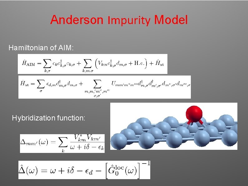 Anderson Impurity Model Hamiltonian of AIM: Hybridization function: Anderson Impurity Model Hamiltonian of AIM: Hybridization function: