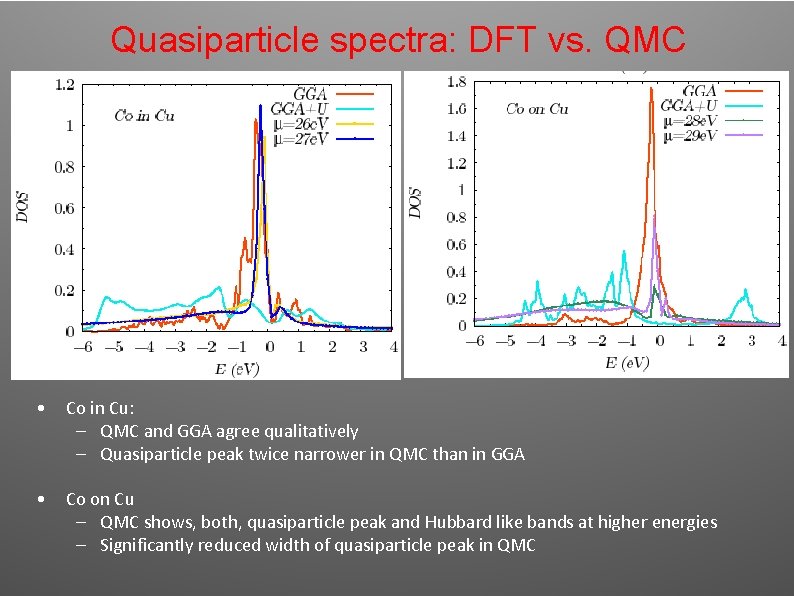 Quasiparticle spectra: DFT vs. QMC • Co in Cu: – QMC and GGA agree Quasiparticle spectra: DFT vs. QMC • Co in Cu: – QMC and GGA agree