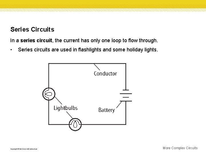 Series Circuits In a series circuit, the current has only one loop to flow