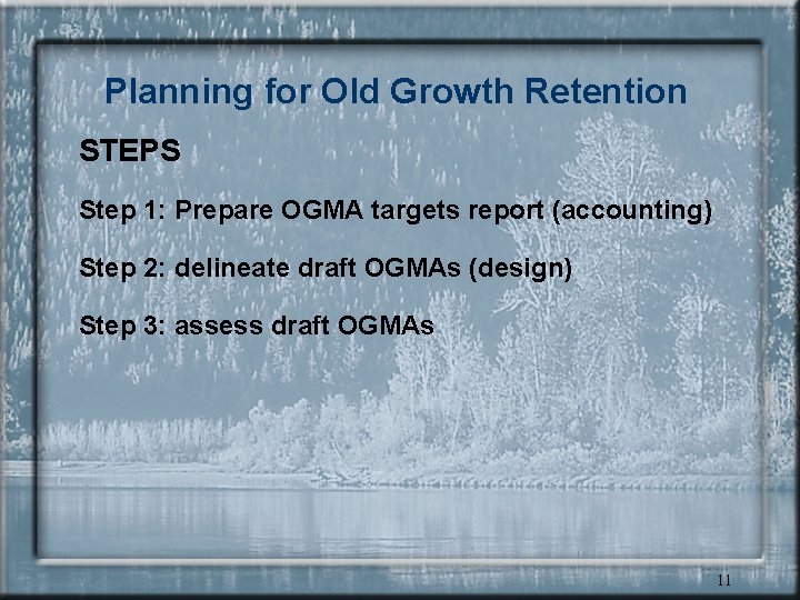Planning for Old Growth Retention STEPS Step 1: Prepare OGMA targets report (accounting) Step