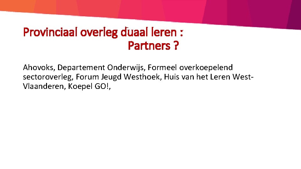 Provinciaal overleg duaal leren : Partners ? Ahovoks, Departement Onderwijs, Formeel overkoepelend sectoroverleg, Forum