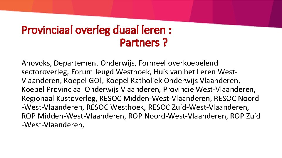 Provinciaal overleg duaal leren : Partners ? Ahovoks, Departement Onderwijs, Formeel overkoepelend sectoroverleg, Forum