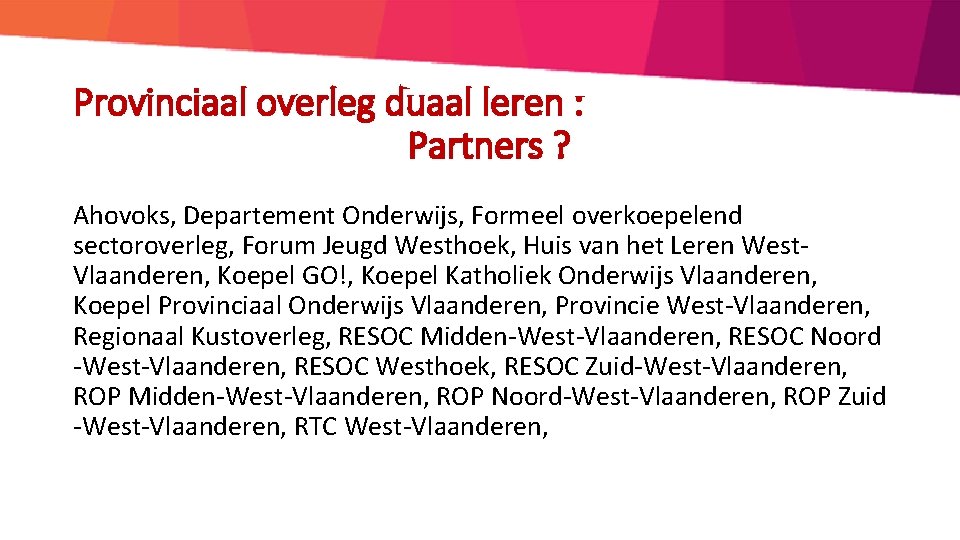 Provinciaal overleg duaal leren : Partners ? Ahovoks, Departement Onderwijs, Formeel overkoepelend sectoroverleg, Forum