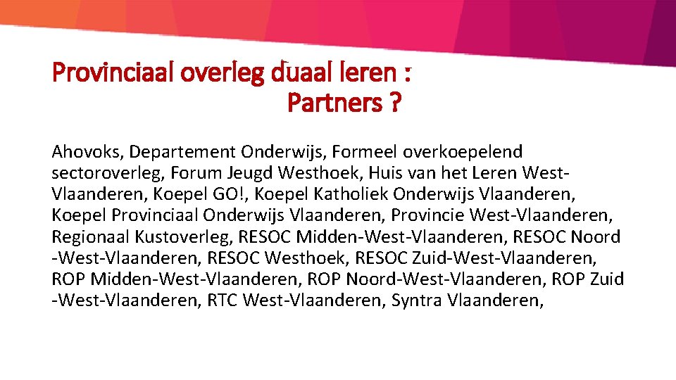 Provinciaal overleg duaal leren : Partners ? Ahovoks, Departement Onderwijs, Formeel overkoepelend sectoroverleg, Forum