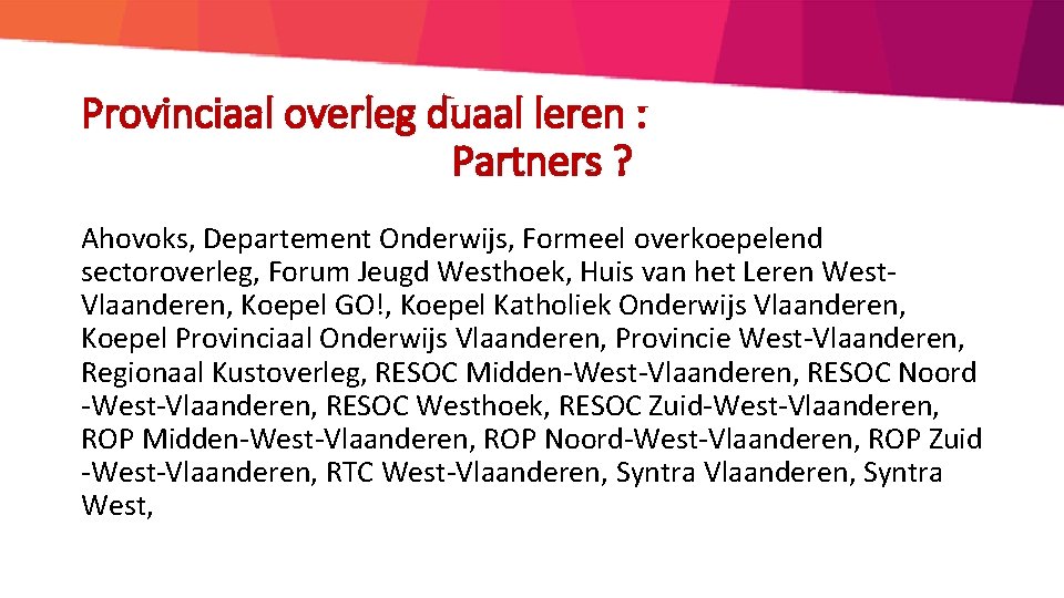 Provinciaal overleg duaal leren : Partners ? Ahovoks, Departement Onderwijs, Formeel overkoepelend sectoroverleg, Forum