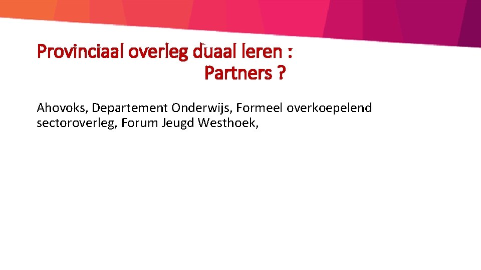 Provinciaal overleg duaal leren : Partners ? Ahovoks, Departement Onderwijs, Formeel overkoepelend sectoroverleg, Forum