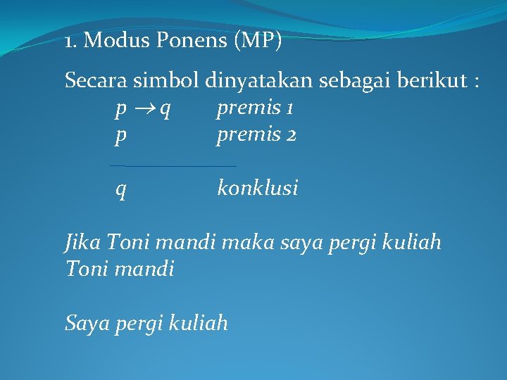 1. Modus Ponens (MP) Secara simbol dinyatakan sebagai berikut : p q premis 1 1. Modus Ponens (MP) Secara simbol dinyatakan sebagai berikut : p q premis 1