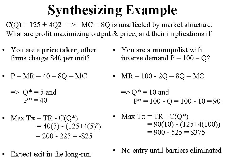 Synthesizing Example C(Q) = 125 + 4 Q 2 => MC = 8 Q